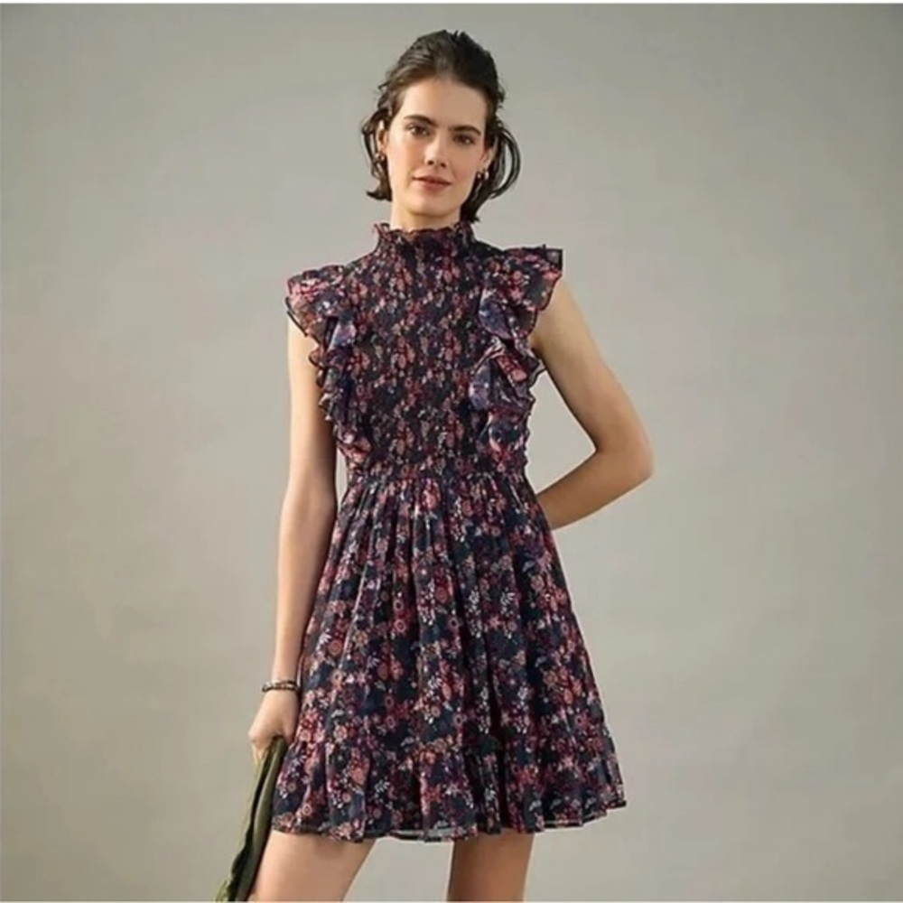 Floral Ruffle High-Neck Mini Dress - Navy Pink
